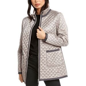 Jane Post New York Quilted Silver Satin Contrast Trim Coat Women’s Small NEW